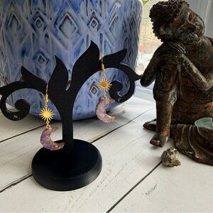 Gold and Purple Crescent Moon Earrings